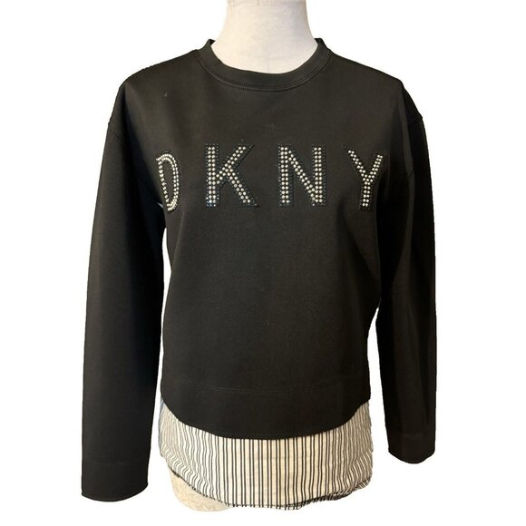 DKNY Top S Small The Everywhere Sweatshirt Black Blue White Crystals NWT NEW - Picture 2 of 15
